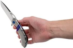 Olamic Wayfarer 247 Tanto Satin, Jeweled Handle Timascus Inlay, Blue Hardware -Famous Knife Shop OC24 M390 005 09 olamic